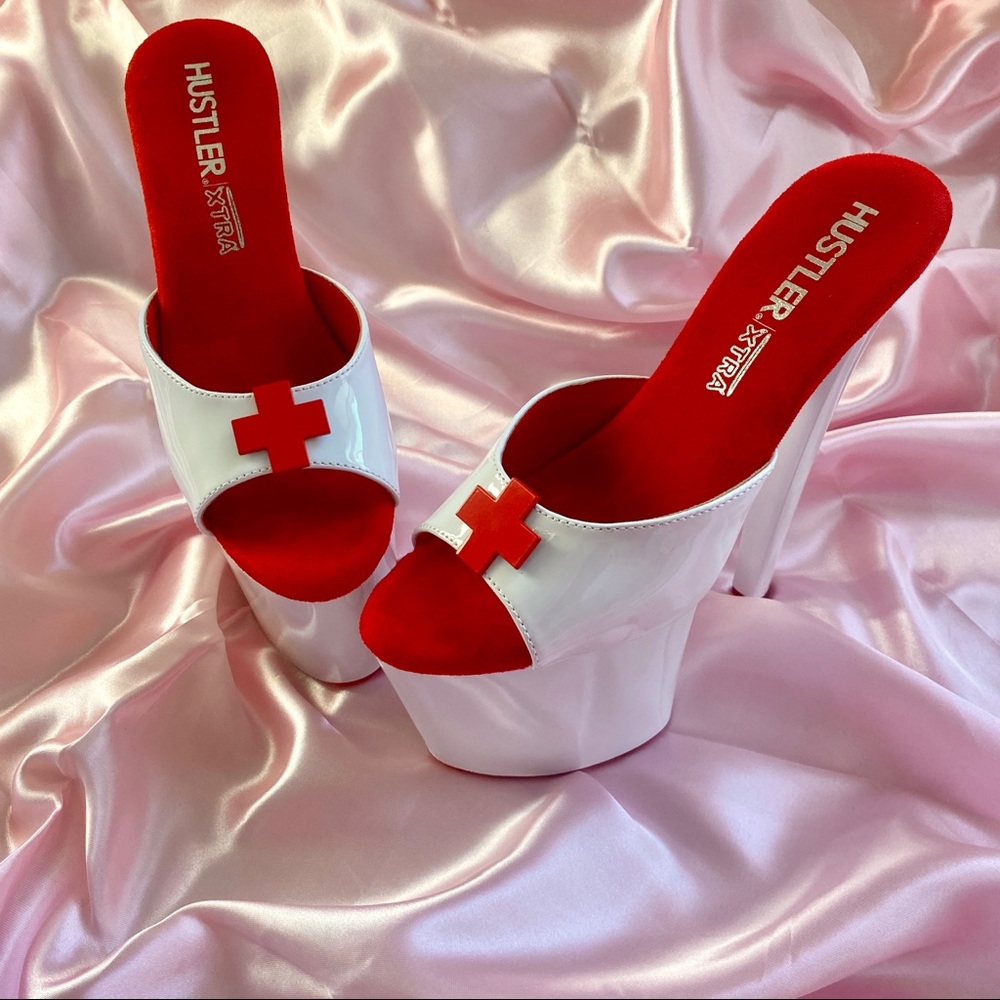 Stripper heel 7.5 inch white nurse pump platform heels